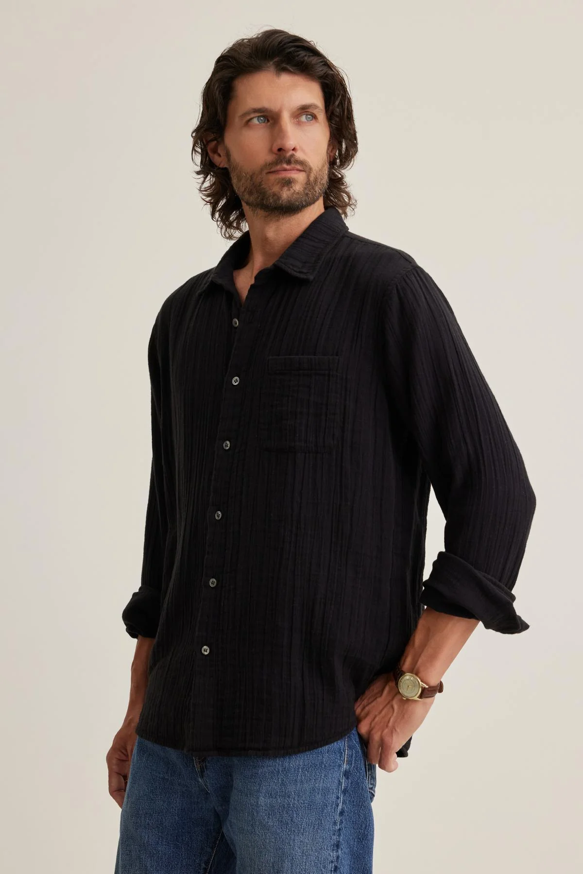 ELTON COTTON GAUZE BUTTON-UP SHIRT